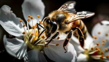 upptagen bin sammankomst pollen från gul blomma genererad förbi ai foto