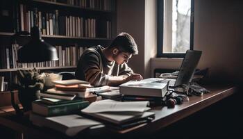 ung män studerar och inlärning i bibliotek genererad förbi ai foto