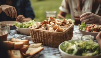 färsk sallad, bröd, och kött för picknick genererad förbi ai foto