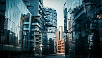 lång stål skyskrapa speglar modern stad liv genererad förbi ai foto