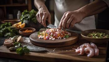 hand skivning färsk grönsaker för hemlagad sallad genererad förbi ai foto