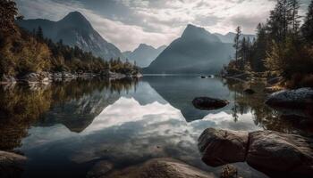 idyllisk vildmark, majestätisk berg topp, lugn reflexion genererad förbi ai foto