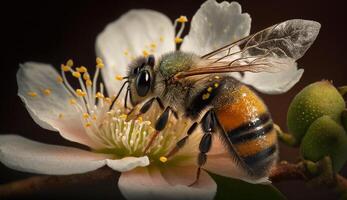 upptagen bi pollinerar blomma samlar gul pollen genererad förbi ai foto