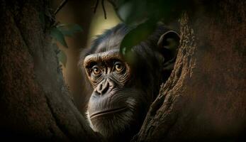 makak Sammanträde i skog äter tropisk grönska genererad förbi ai foto