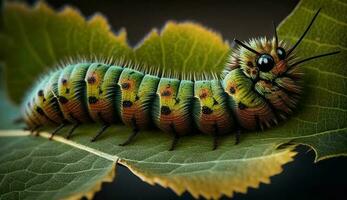 färgrik larv kryper på grön blad genererad förbi ai foto
