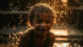 söt barn stänk i våt sommar roligt genererad förbi ai foto