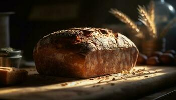 nyligen bakad bröd på rustik trä- tabell genererad förbi ai foto