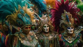män och kvinnor i traditionell karneval kostym genererad förbi ai foto