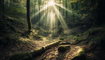 lugn scen av mysterium i höst skog genererad förbi ai foto