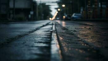 lysande strålkastare reflektera på våt stad gator genererad förbi ai foto