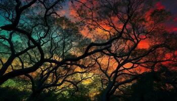 silhuett av träd gren tillbaka belyst förbi solnedgång genererad förbi ai foto