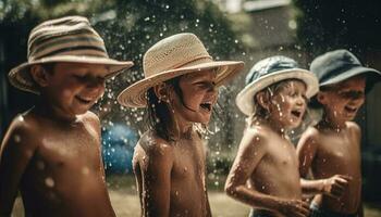 familj spelar i vatten, njuter sommar roligt genererad förbi ai foto