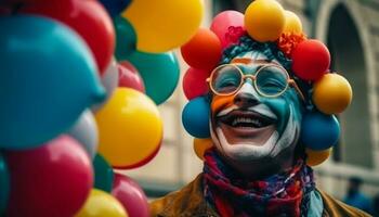 glad män fira med färgrik ballonger utomhus genererad förbi ai foto