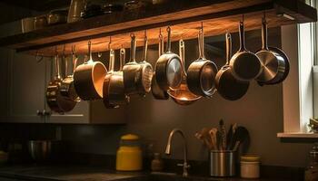 skinande stål redskap hänga i modern kök design genererad förbi ai foto