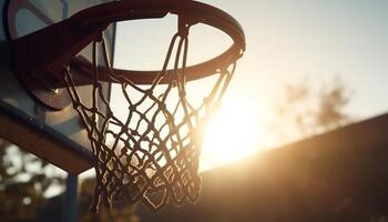 solbelyst basketboll ring hängande i natur bakgrund genererad förbi ai foto