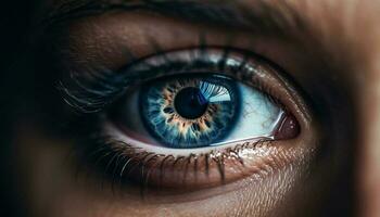 stirrande kvinna med skön blå ögon observerats genererad förbi ai foto