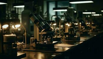 forskare analyserar flytande med mikroskop i laboratorium genererad förbi ai foto