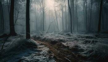 läskigt skog, mystisk dimma, lugn gryning väntar genererad förbi ai foto