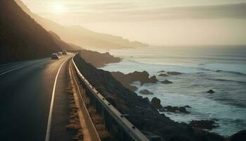 körning mot solnedgång på stor sur kustlinje genererad förbi ai foto