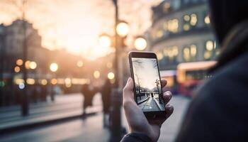 ung vuxen innehav smart telefon fotografier stadsbild genererad förbi ai foto