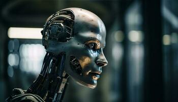 trogen robot cyborg män svängande metallisk maskineri genererad förbi ai foto