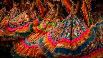 vibrerande färgad textil- mönster smycka handgjort kjolar genererad förbi ai foto