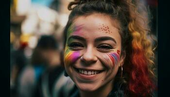 ett ung kvinna leende med färgrik ansikte måla genererad förbi ai foto