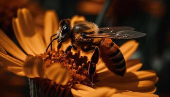 honung bi samlar pollen från enda blomma genererad förbi ai foto