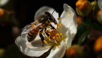 upptagen honung bi plockning upp gul pollen genererad förbi ai foto