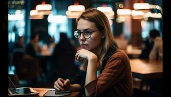 ung kvinna arbetssätt sent på kaffe affär genererad förbi ai foto