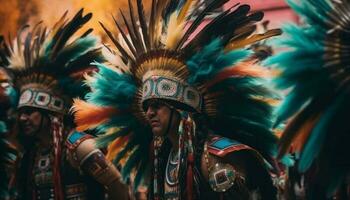 ung kvinnor dans i färgrik traditionell kostymer genererad förbi ai foto