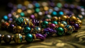 skinande pärla halsband med lila ädelsten dekoration genererad förbi ai foto