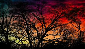 silhuett av akacia träd tillbaka belyst förbi solnedgång genererad förbi ai foto