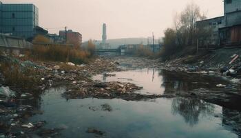 övergiven fabrik ruiner reflektera miljö- förstörelse och toxisk avfall högen genererad förbi ai foto