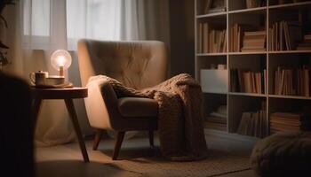 modern lyx lägenhet med bekväm soffa, upplyst bokhylla, och elegant fåtölj genererad förbi ai foto