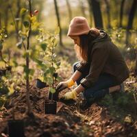 plantering träd för en hållbar framtida. gemenskap trädgård och miljö- bevarande - främja livsmiljö restaurering och gemenskap engagemang på jord dag generativ ai foto