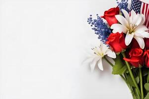 patriotisk blooms vibrerande amerikan flagga Färg blommor på en vit bakgrund med kopia Plats generativ ai foto