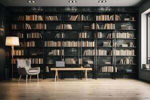 elegant och sofistikerad en samtida bokhylla med ett elegant design, visa upp en fotorealistisk bakgrund av en studie fylld med böcker generativ ai foto