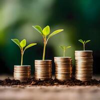 finansiell tillväxt blooms plantor på staplade mynt, en vibrerande symbol av investering och besparingar generativ ai foto