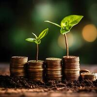 finansiell tillväxt blooms plantor på staplade mynt, en vibrerande symbol av investering och besparingar generativ ai foto