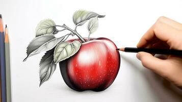 3d konst presenter bild av hand teckning realistisk röd äpple med penna. generativ ai. foto