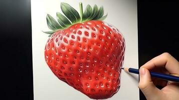 3d konst presenter bild av hand teckning realistisk jordgubb med penna. generativ ai. foto