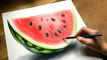 3d konst presenter bild av hand teckning realistisk triangel skära vattenmelon skiva med penna. generativ ai. foto