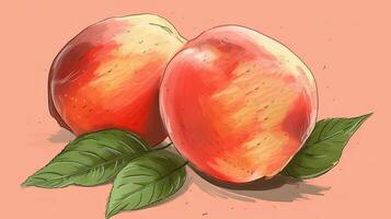 vattenfärg teckning realistisk persika eller aprikos frukt med löv. generativ ai. foto