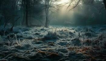 mystisk dimma sänker sig, vinter- viskar hemligheter tyst genererad förbi ai foto