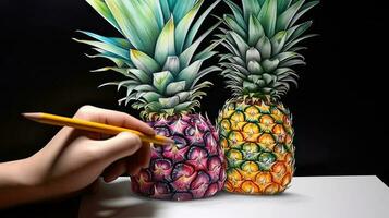 3d konst presenter bild av hand teckning realistisk ananas med penna. generativ ai. foto