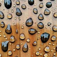 vatten droppar på en trä- bakgrund. spår av regn. abstrakt mönster från dagg. generativ ai foto