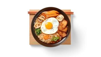 koreanska omedelbar spaghetti med koreanska ris kaka och fisk kaka och kokt ägg, ai genererad foto