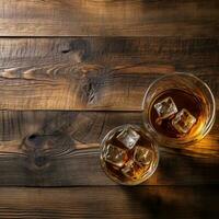 glas av whisky och tunna på trä- bakgrund topp se. generativ ai foto