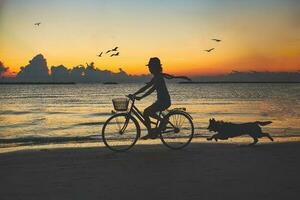 ung kvinna cykling på de strand med henne hund foto